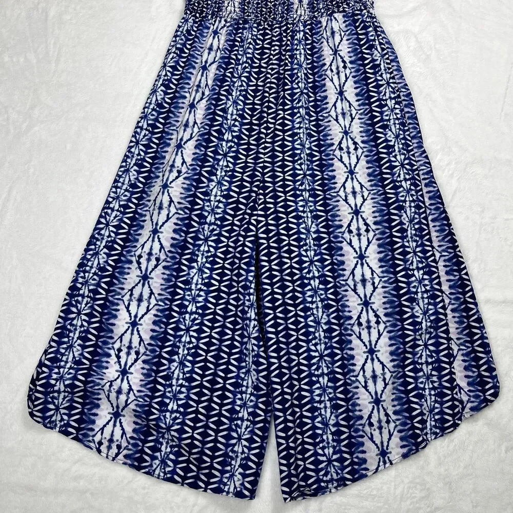 Justice Blue And White Puff Sleeve Jumpsuit Girls Size 18 Split Leg Smocked